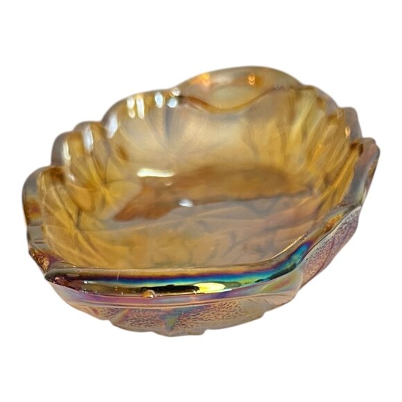 Amber Marigold Carnival Glass Sunflower Pattern Oval Relish Dish With Handles - Picture 5 of 9